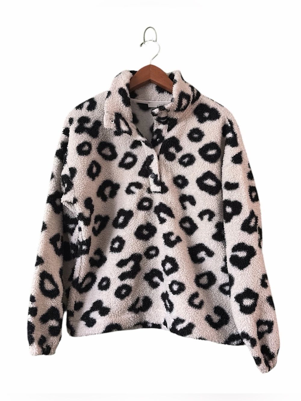 LOFT Cream White & Black Leopard Sherpa Pullover Jacket Sz M